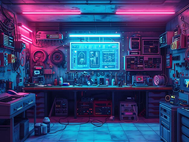 Interior of Workshop With Neon Wireframe Hologram and Vhs Glitch Effect VR Concept Idea Neon Glow