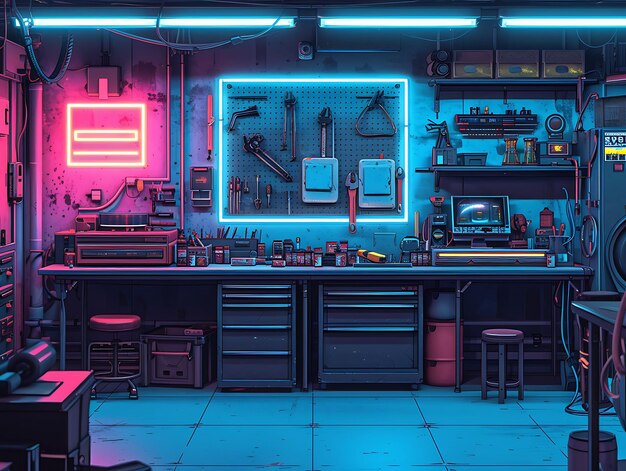 Interior of Workshop With Neon Wireframe Hologram and Vhs Glitch Effect VR Concept Idea Neon Glow