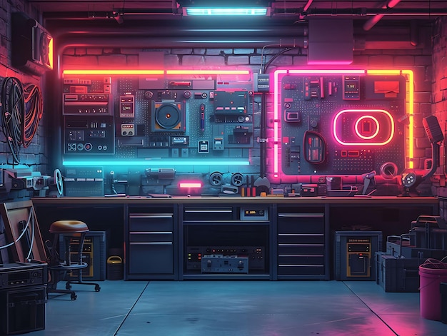 Interior of Workshop With Neon Wireframe Hologram and Vhs Glitch Effect VR Concept Idea Neon Glow