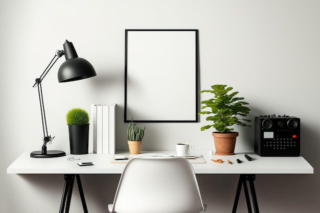 Interior of a workspace desk with a mockup of a white wall