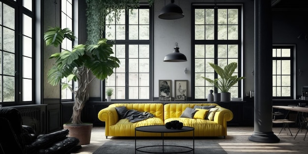 Interior of yellow and black living room of modern apartment