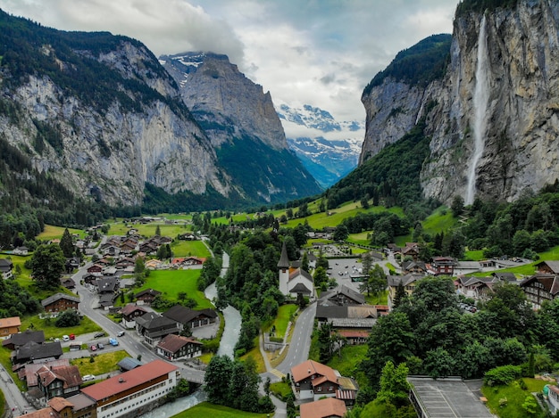 Interlaken village in Switzerland for tourist people 
come to visit in Summer season ,Aerial view