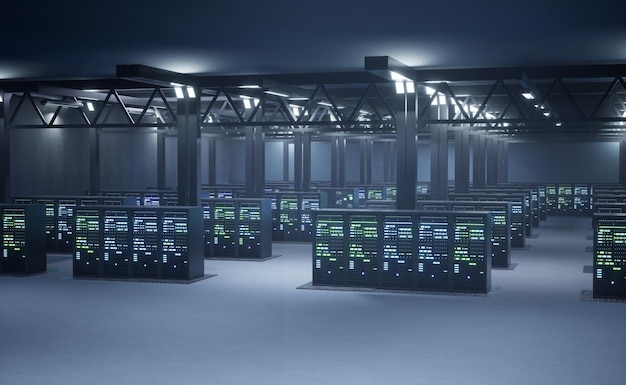 サーバーネットワークを作成し複雑な計算操作に必要なメモリとオペレーティングスピードを提供する接続されたハードウェアを持つデータセンター 3D レンダリング アニメーション