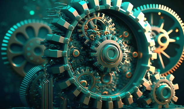 Interlocking gears and machinery in a futuristic design