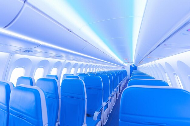 Internal empty salon view of a passenger civil aircraft full with light and illumination