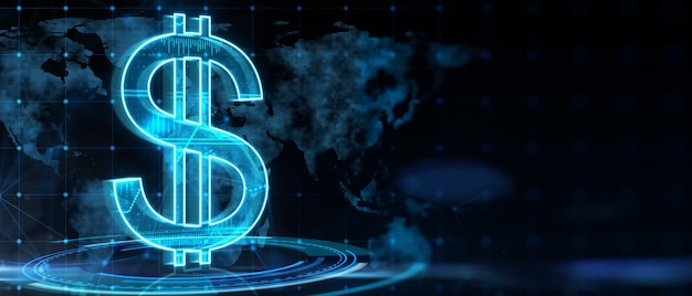 Internationaal en mondiaal marktvalutaconcept met digitaal dollarteken op blauwe cirkel op donkere achtergrond met plaats voor uw reclameposter en wereldkaart silhouet 3D-rendering mock up