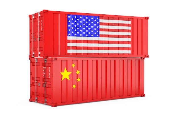 Internationaal verzendconcept. Cargo Shipping Containers met de vlag van de VS en China op een witte achtergrond. 3D-rendering