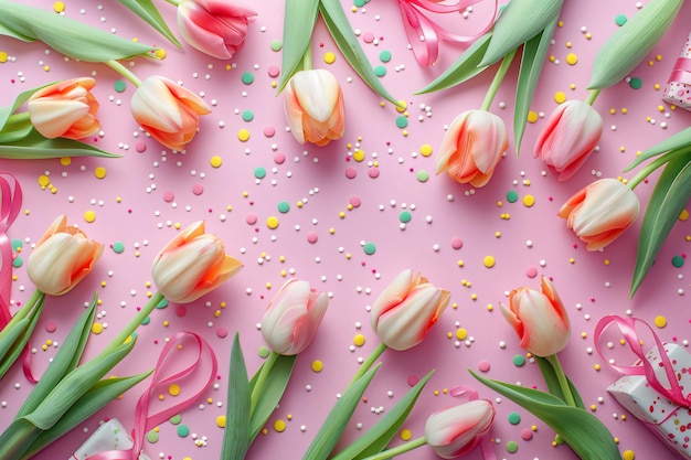 Internationaal Vrouwendag vieren met een flatlay van witte bloemenarrangementen levendige tulpen geschenkkistjes en confetti op een zachte roze achtergrond