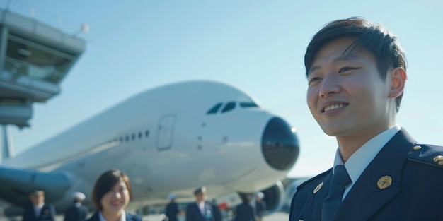아시아 남성 비행기 틴과 여성 비행 승무원들의 국제 공항 그룹이 근처에 서 있습니다.