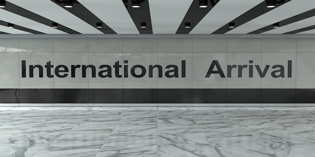 사진 국제 도착 표지판 3d 렌더링이 있는 공항 버스 또는 기차역 내부의 국제 도착 구역