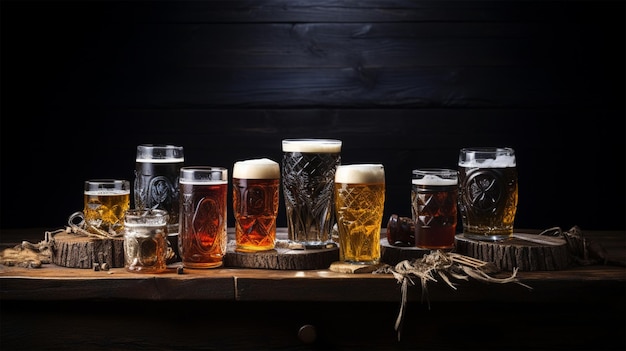사진 국제 맥주 날: 오크테르페스트를 위해 목조 테이블 위에 빛의 컵 맥주