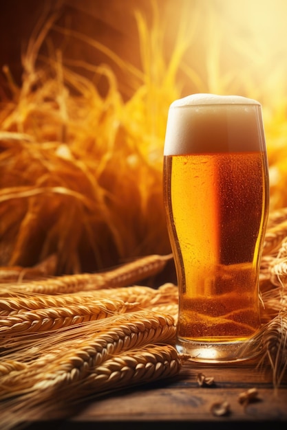 Международный день пива. Стакан пива в окружении пшеницы и грубых зерен.