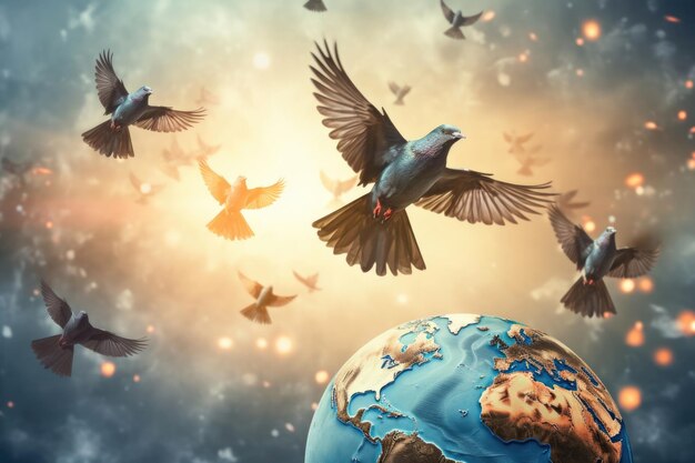International Bird Day creative art flock of birds in the sky above planet earth colorful sunset flock of pigeons