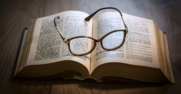 Foto giornata internazionale del libro con gli occhiali e il libro sul tavolo