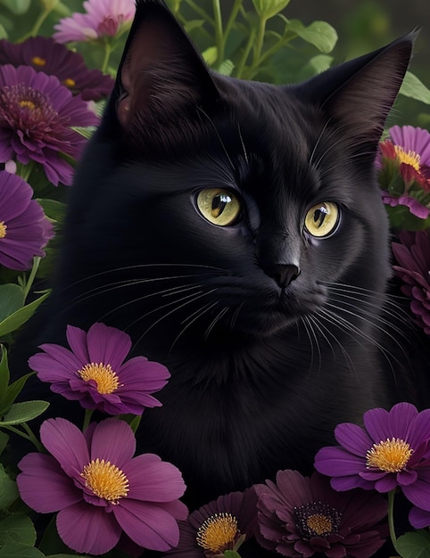 International cat day beautiful black and flower sweet cat generative by Ai 01