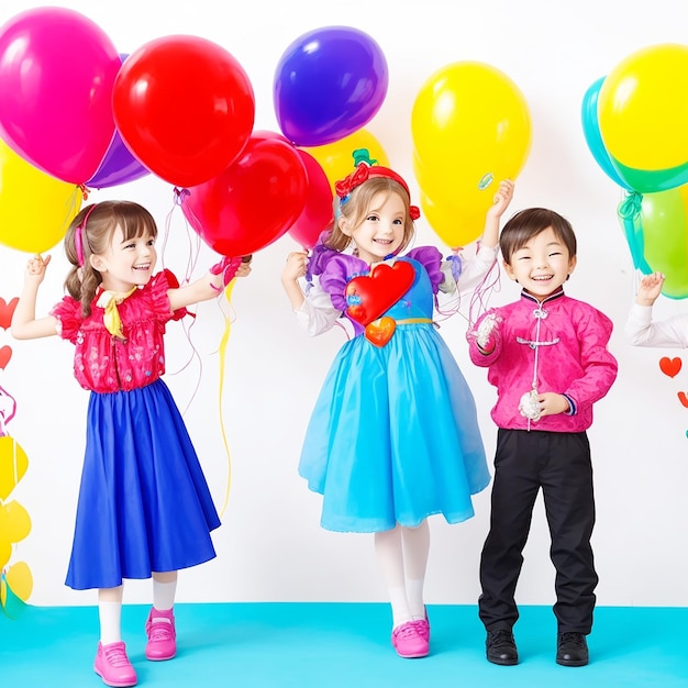 11 月 20 日の衣装を着た国際子供の日ハートバルーンのカラフルなイメージを持つ幸せな子供たち