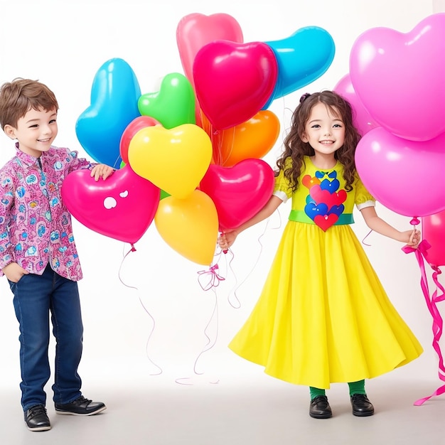 International Children's Day in costumes 20th November Happy kids with heart balloon colorful image