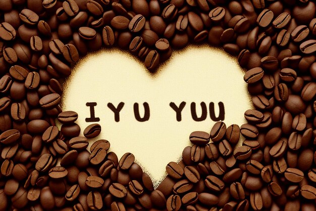 Текст креативного дизайна международного дня кофе, состоящий из кофейных зерен я люблю тебя фон