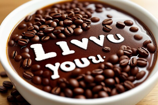 Foto testo di design creativo della giornata internazionale del caffè composto da chicchi di caffè ti amo sfondo