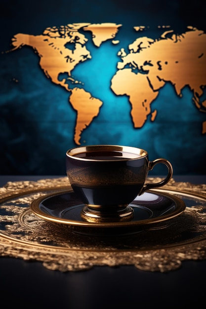 Чашка Международного дня кофе с блюдцем на лазурном фоне с картой мира