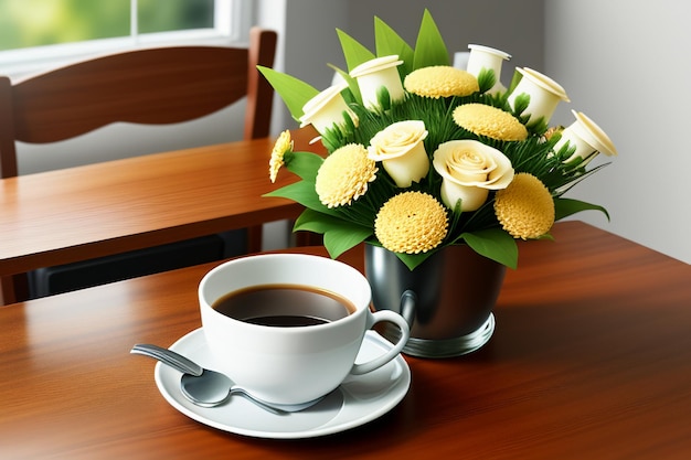 International coffee day Delicious coffee and beautiful flowers romantic wallpaper background