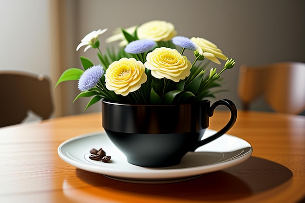 International coffee day Delicious coffee and beautiful flowers romantic wallpaper background