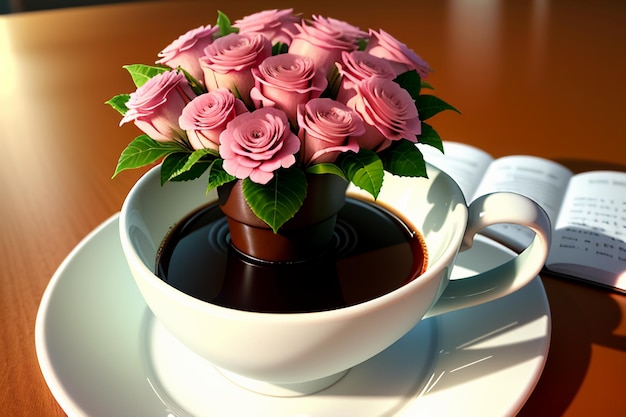 International coffee day Delicious coffee and beautiful flowers romantic wallpaper background