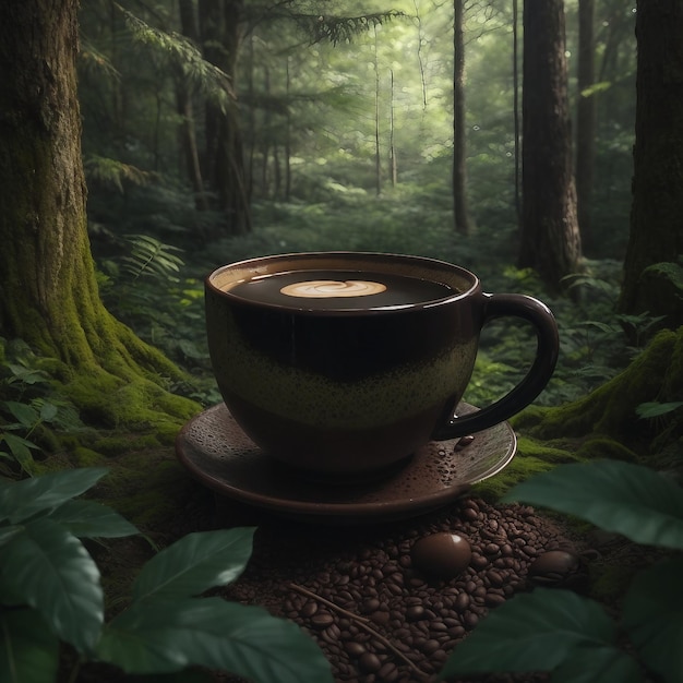International Coffee Day een kopje koffie in een bos met koffiebonen