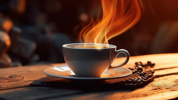 国際コーヒーデー - 木製のテーブルに新鮮なコーヒー蒸気