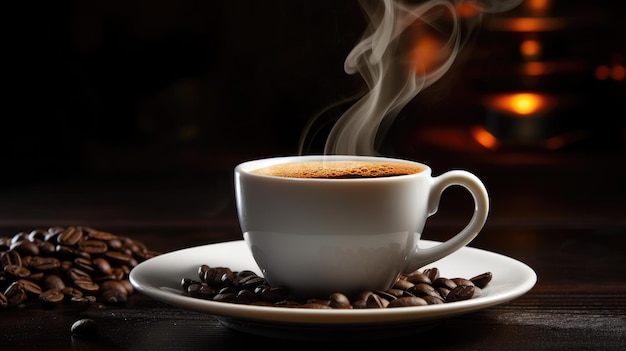 International Coffee Day An image of a fragrant cup of with scattered roasted beans on the table