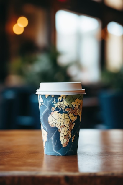International Coffee Day paper coffee cup with the image of the world map on the table
