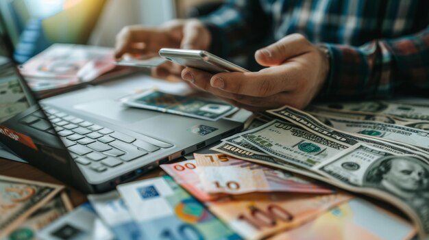 Foto cambio di valuta internazionale trasferimento di denaro fintech tecnologia finanziaria business globale online banking concetto di pagamento interbancario uomo su telefono cellulare e portatile con internazionale