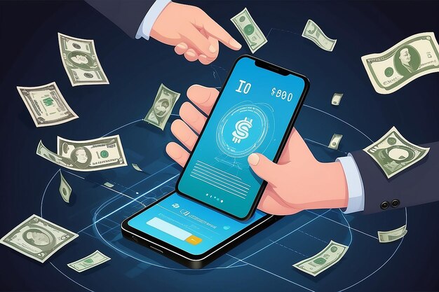 International currency transfer payment via a smartphone using a smartphone Vector illustration of money concept