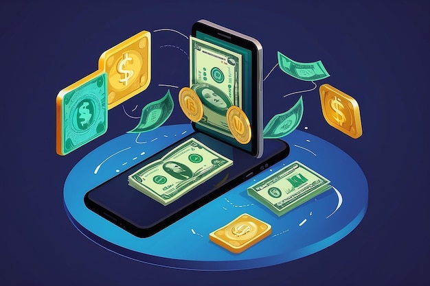 スマートフォンによる国際通貨移転の支払い 携帯電話を使用して スマートホンのベクトルイラスト 貨幣の概念
