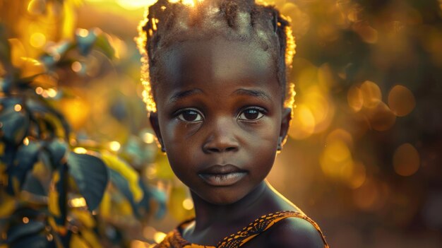 International Day of the African Child portrait of a little African girl in a national dress sunset light