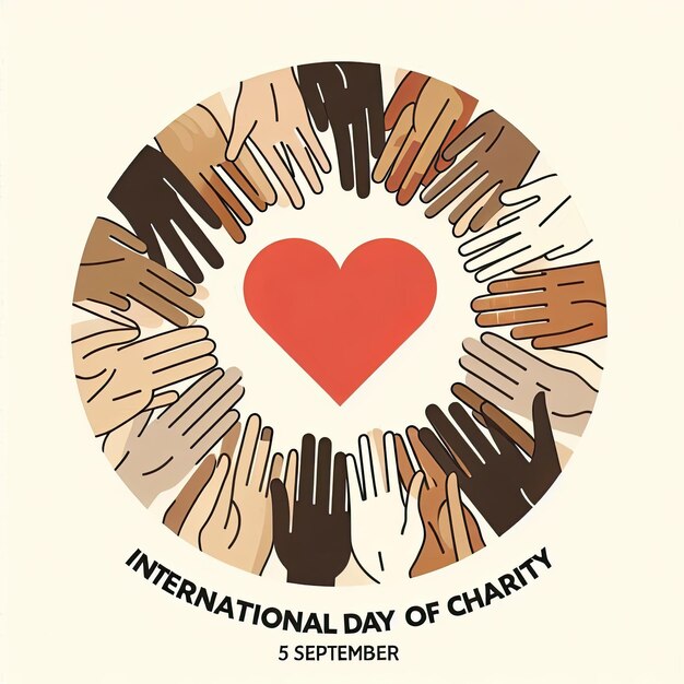 Photo international day of charity 5 september the concept of people supporting each other many different peoples hands showing heart symbol vector flat illustration