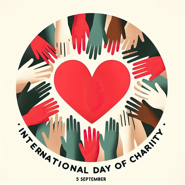 Photo international day of charity 5 september the concept of people supporting each other many different peoples hands showing heart symbol vector flat illustration