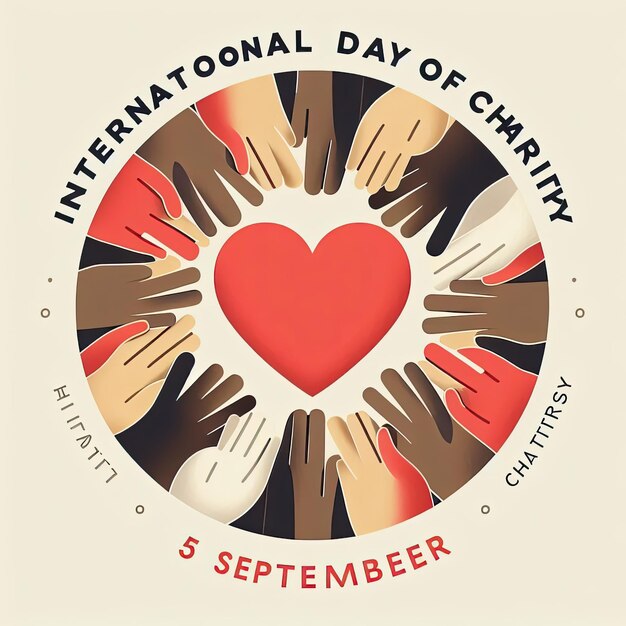 Photo international day of charity 5 september the concept of people supporting each other many different peoples hands showing heart symbol vector flat illustration