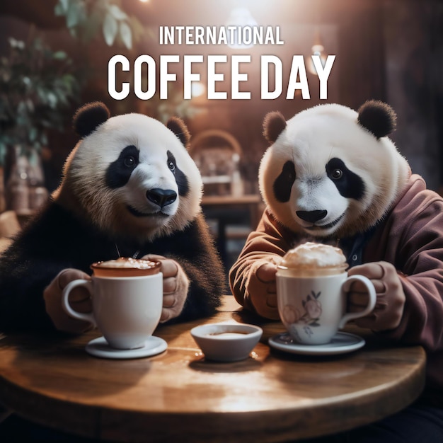 International day of coffee with panda couple on coffee shop