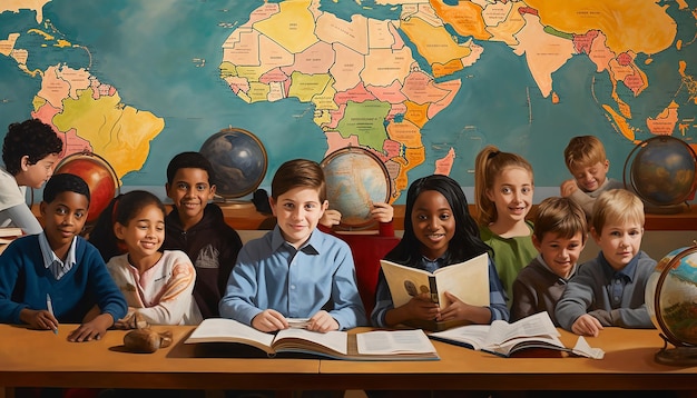 Foto la giornata internazionale dell'educazione è una scena di classe globale con studenti di diversa provenienza