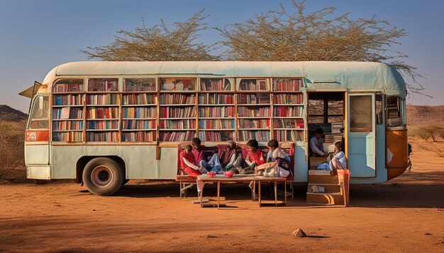 International day of education a mobile library or book bus visiting remote communities showcasing