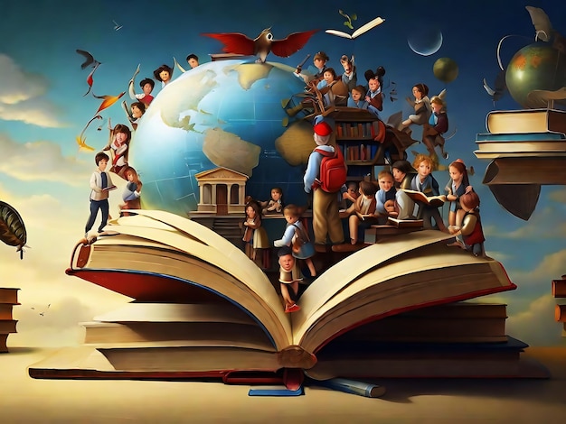 Foto giornata internazionale dell'istruzione montagna di libri con un globo generativo di ritorno a scuola