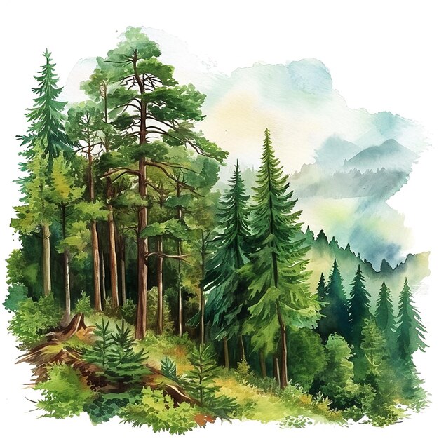 International Day of Forests cartoon style watercolor illustration on white background