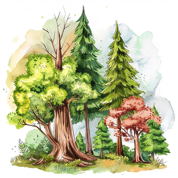 International Day of Forests cartoon style watercolor illustration on white background