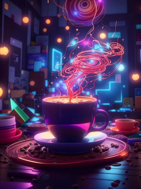 Фото Международный день кофе с экстрасенсорными эффектами и яркими цветами, анимационный 3d-стиль с неоном