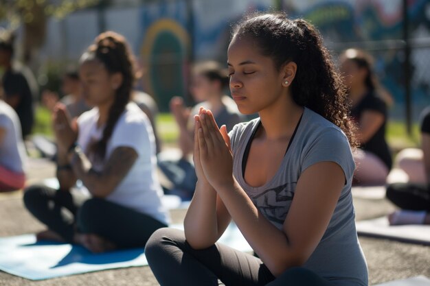 International Day of Yoga Crowd of people sitting on yoga mats in park for leisure event