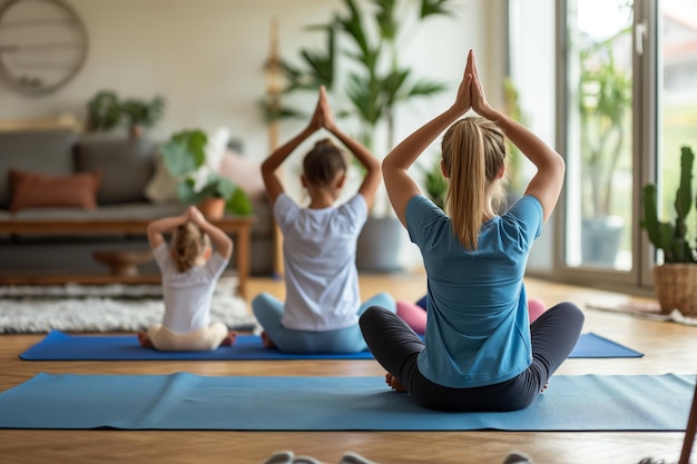 International Day of Yoga Family in yoga pants doing yoga together on a mat in living room