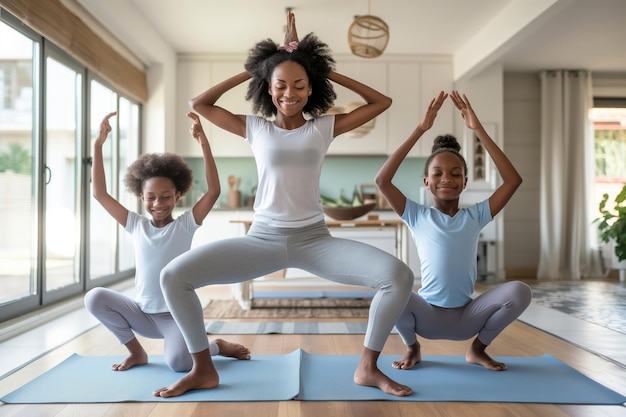 International Day of Yoga Three females practicing yoga with a houseplant in a cozy living room