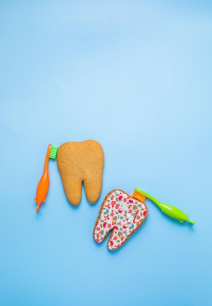 International Dentist Day Tooth shaped cookies Dental care concept Greeting card Banner format