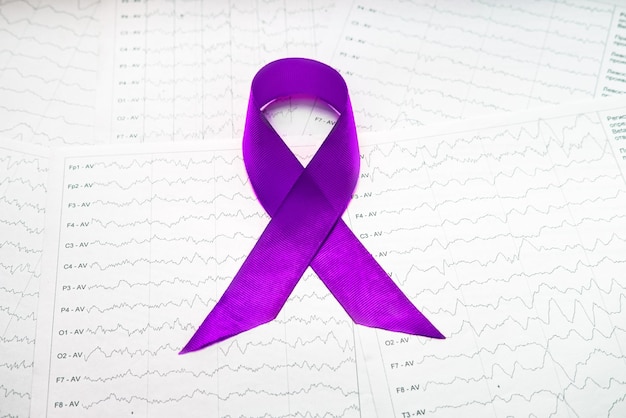 International Epilepsy Day Epilepsy awareness Purple ribbon on brain wave on electroencephalogram EEG for epilepsy